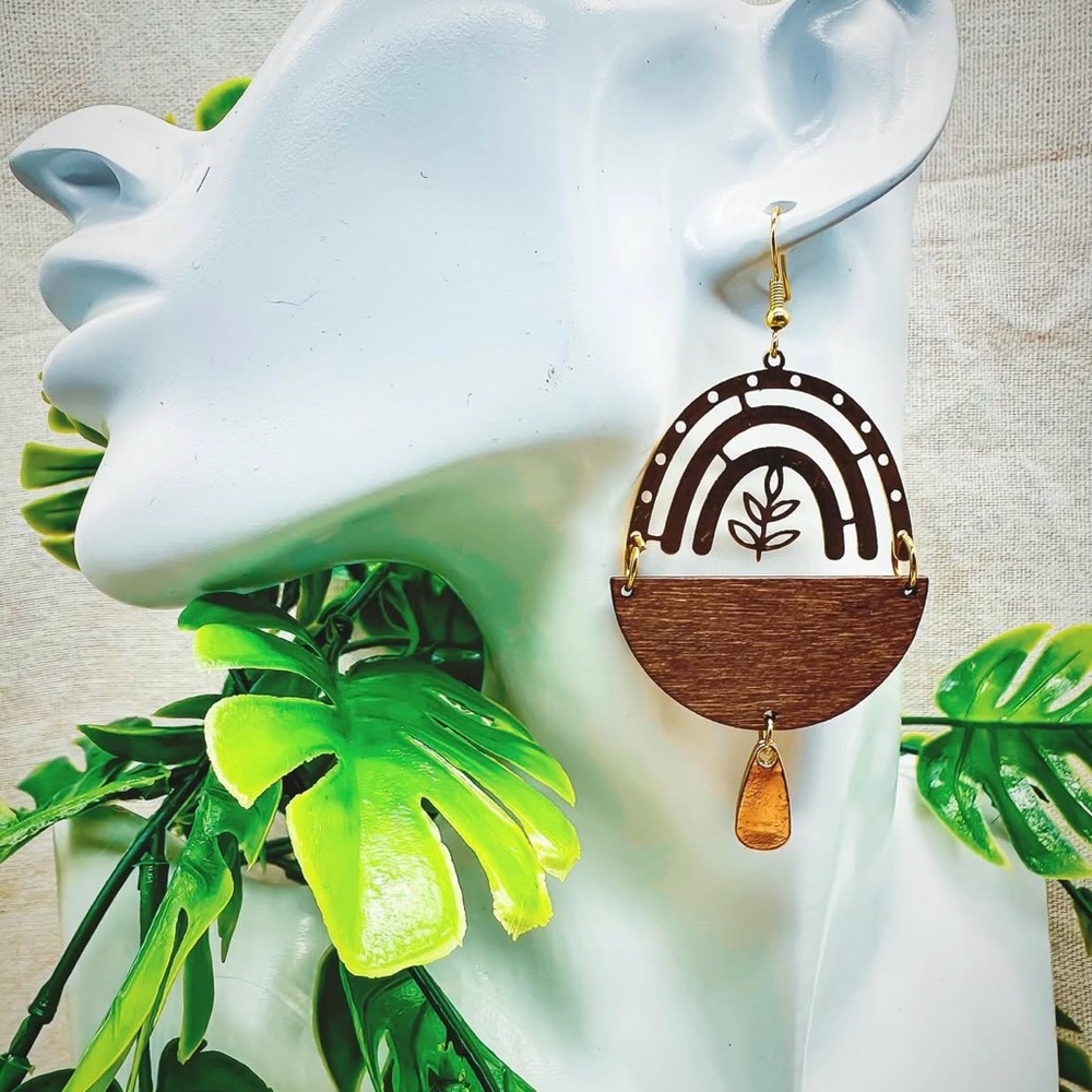 handmade gold & wood boho rainbow arch earrings
